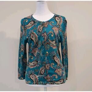Garnet Hill Womens Sweater M Teal Blue Paisley Merino Wool Cardigan Lightweight